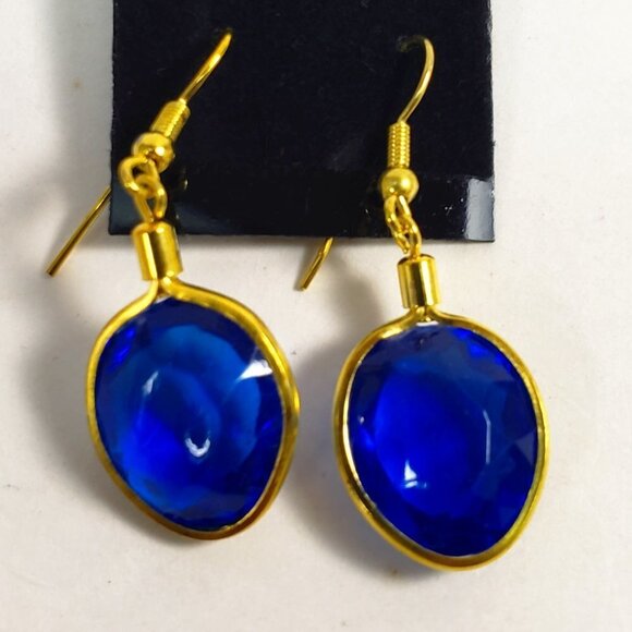 Elegant Blue Gem 1.5" Drop Earrings – Gold Tone Oval Dangle, Lightweight Jewelry - Picture 9 of 10